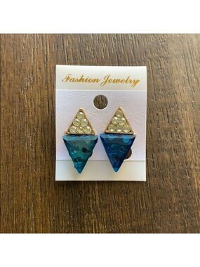 New Gold Teal Rhinestone Geometric Earrings